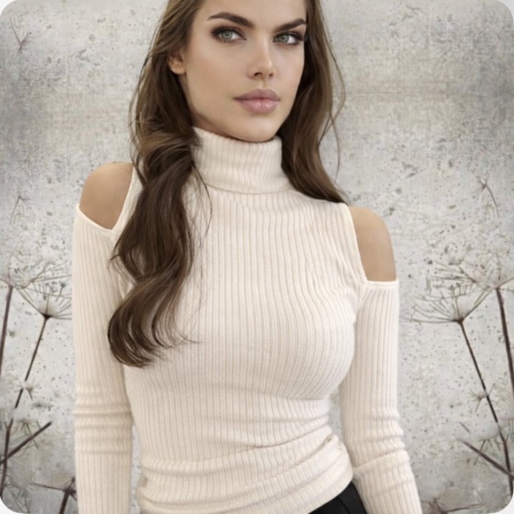 Cute Vero Moda Cream Cold Shoulder Knit Turtleneck Sweater